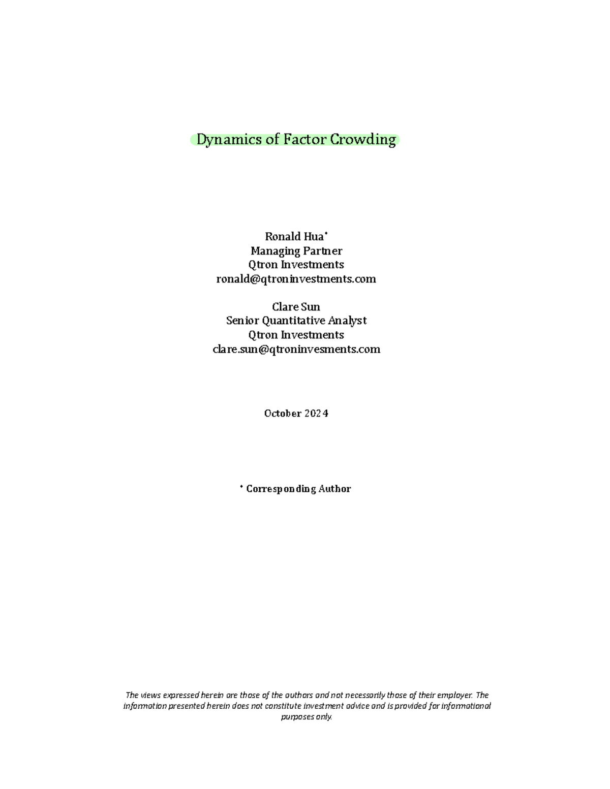 Dynamics of Factor Crowding: Insights for Quantitative Equity ...