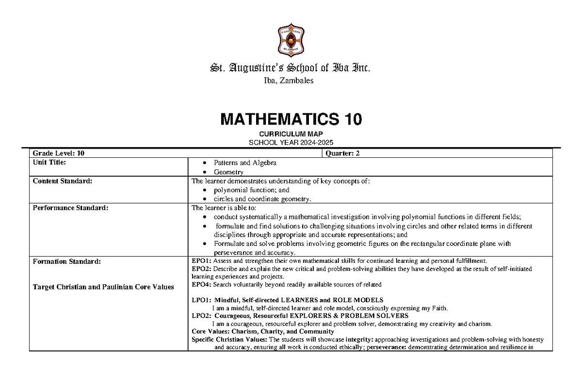 Curriculum Map for 2nd Quarter - Math 10: Patterns & Geometry Overview ...