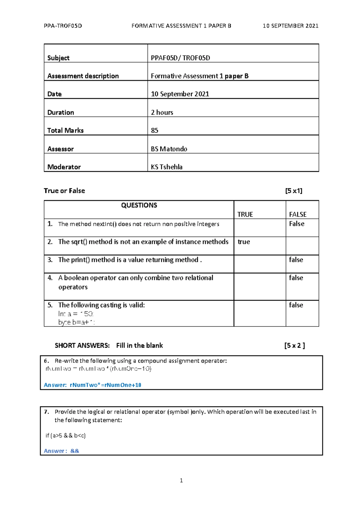 Formative Test A - Semester Test 1 PPA: Java Method Questions - Studocu