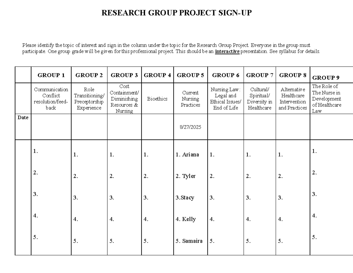 NUR 301 Research Group Project Sign-Up and Topic Selection - Studocu