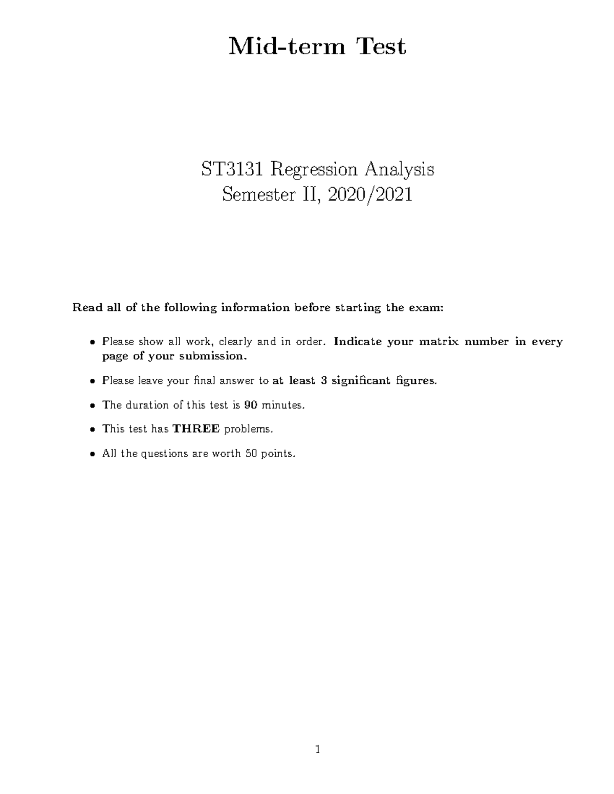 Midterm Exam ST3131: Regression Analysis Sample Questions - Studocu