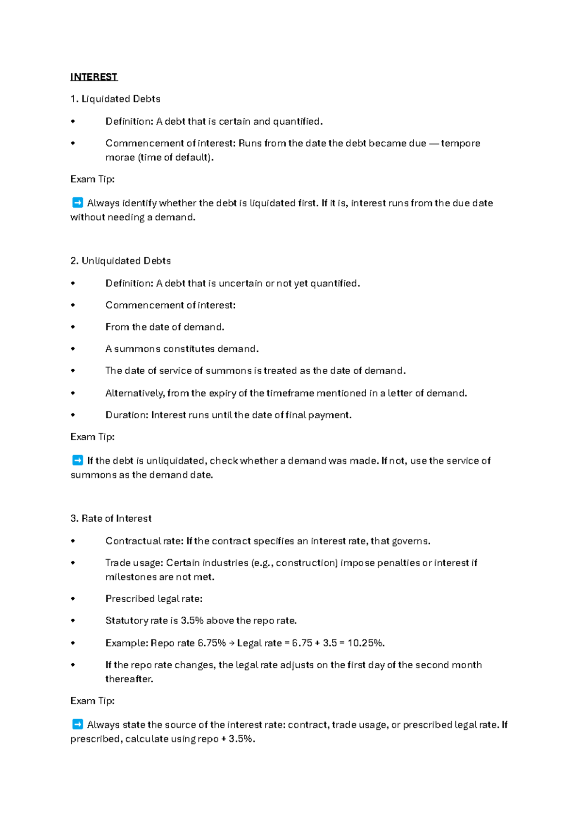 Interest: Liquidated vs Unliquidated Debts - Key Exam Tips - Studocu