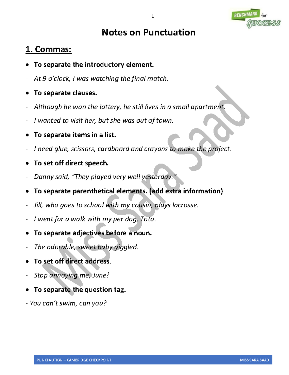 PUNCTUATION NOTES & EXERCISES - CAMBRIDGE CHECKPOINT - Studocu