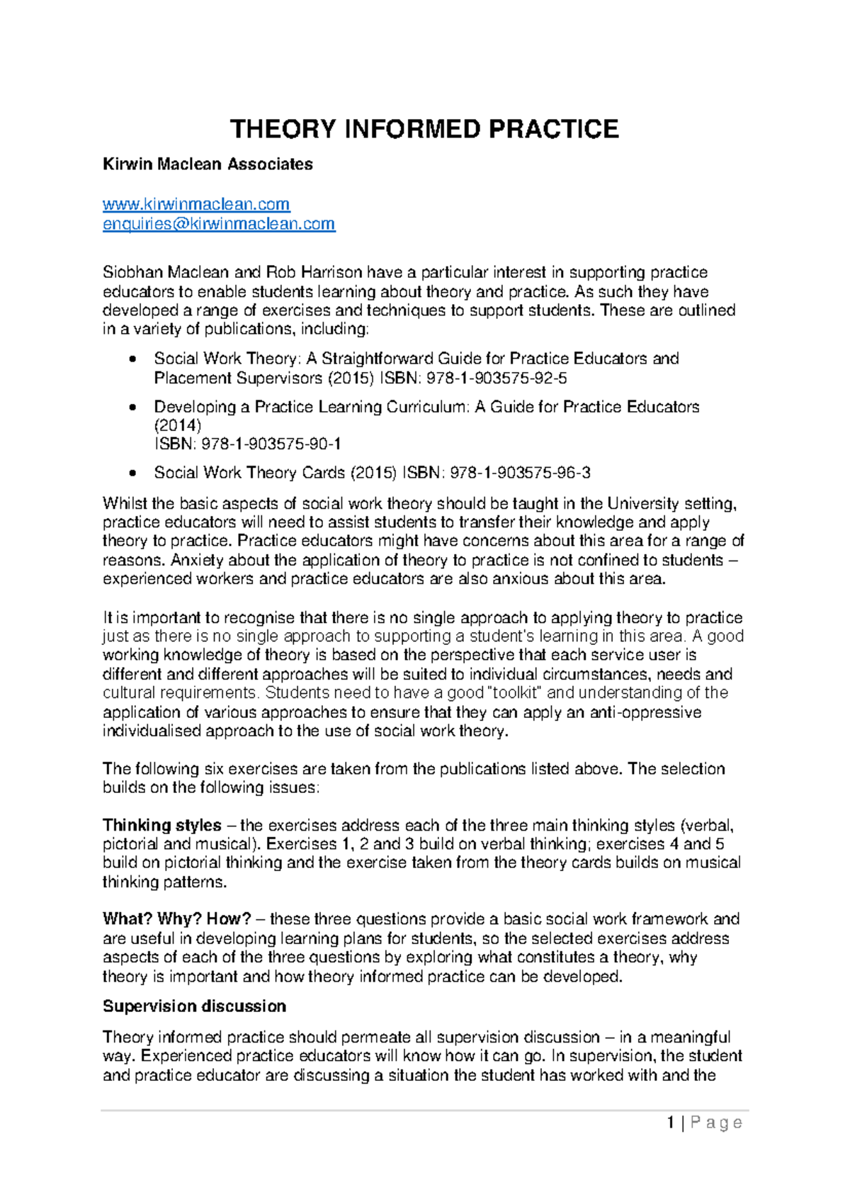 Theory Informed Practice: Exercises for Social Work Educators - Studocu