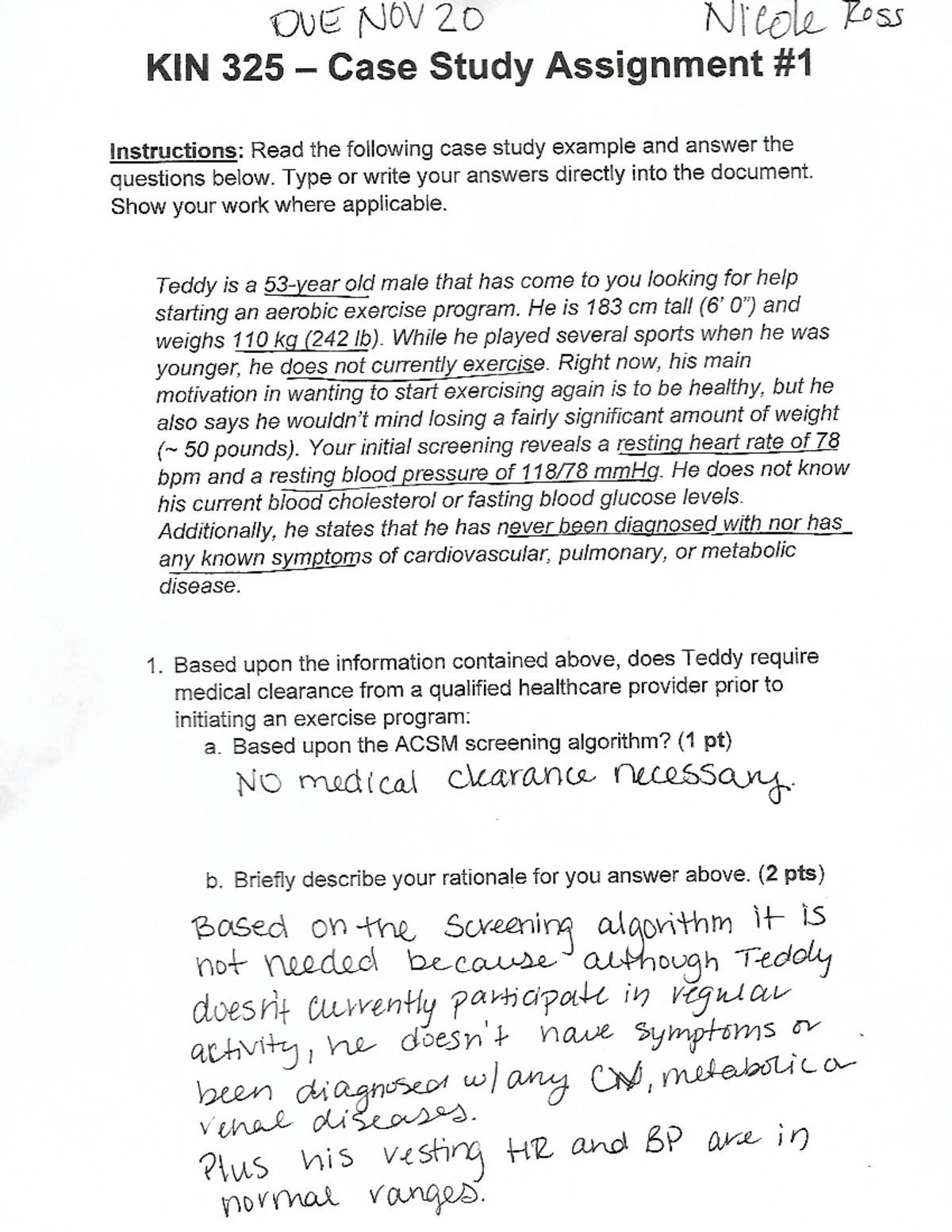 KIN 325 Case Study #1: Teddy's Aerobic Exercise Program Analysis - Studocu