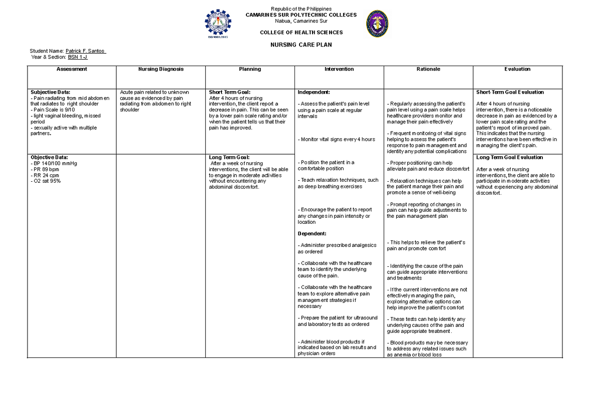 NCP Template - Nursing Care Plan for BSN 1-J: Abdominal Pain ...