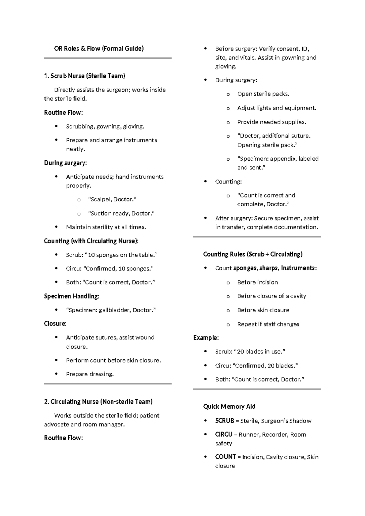 OR Roles Flow: Scrub & Circulating Nurse Guide - Studocu