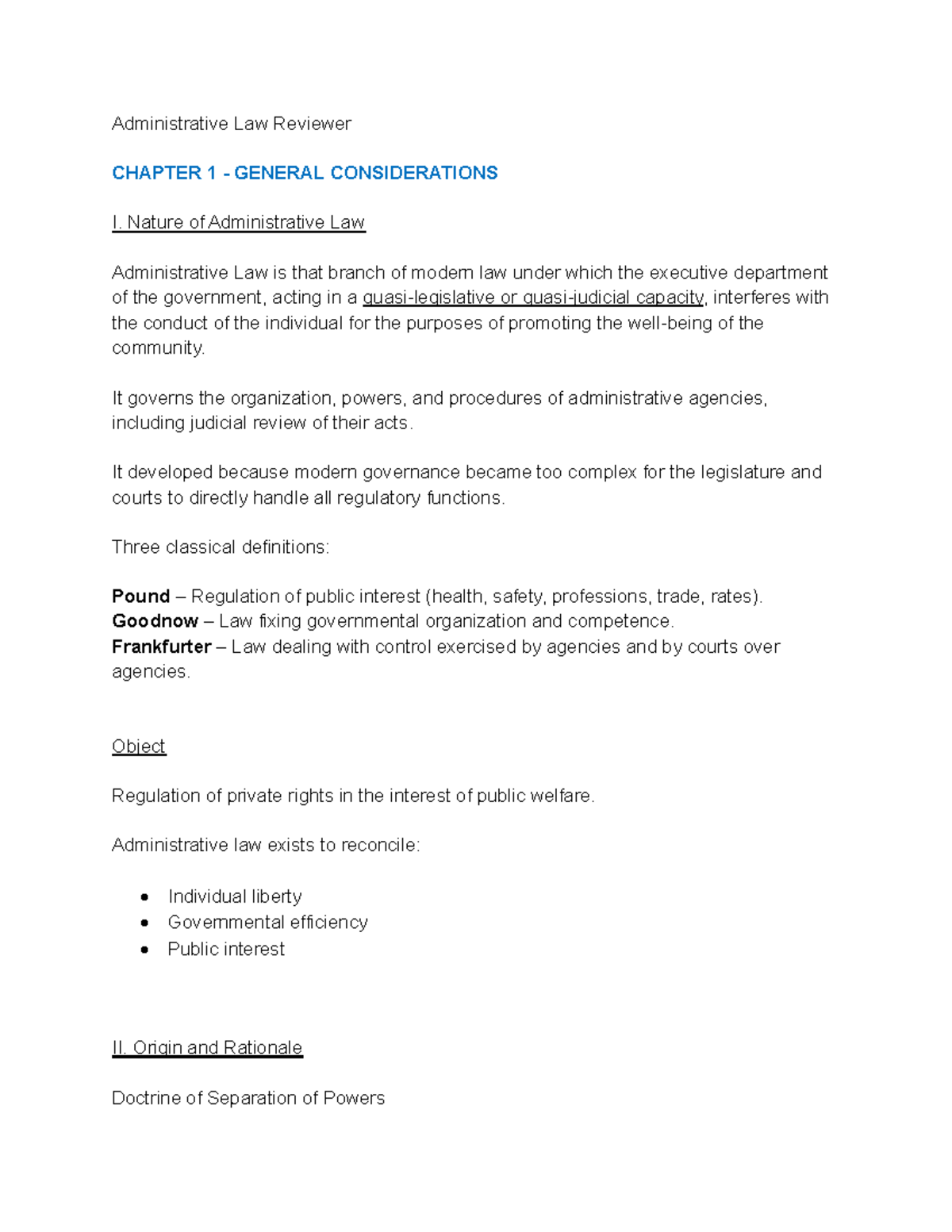 Administrative Law Reviewer: Chapter 1 - General Considerations - Studocu