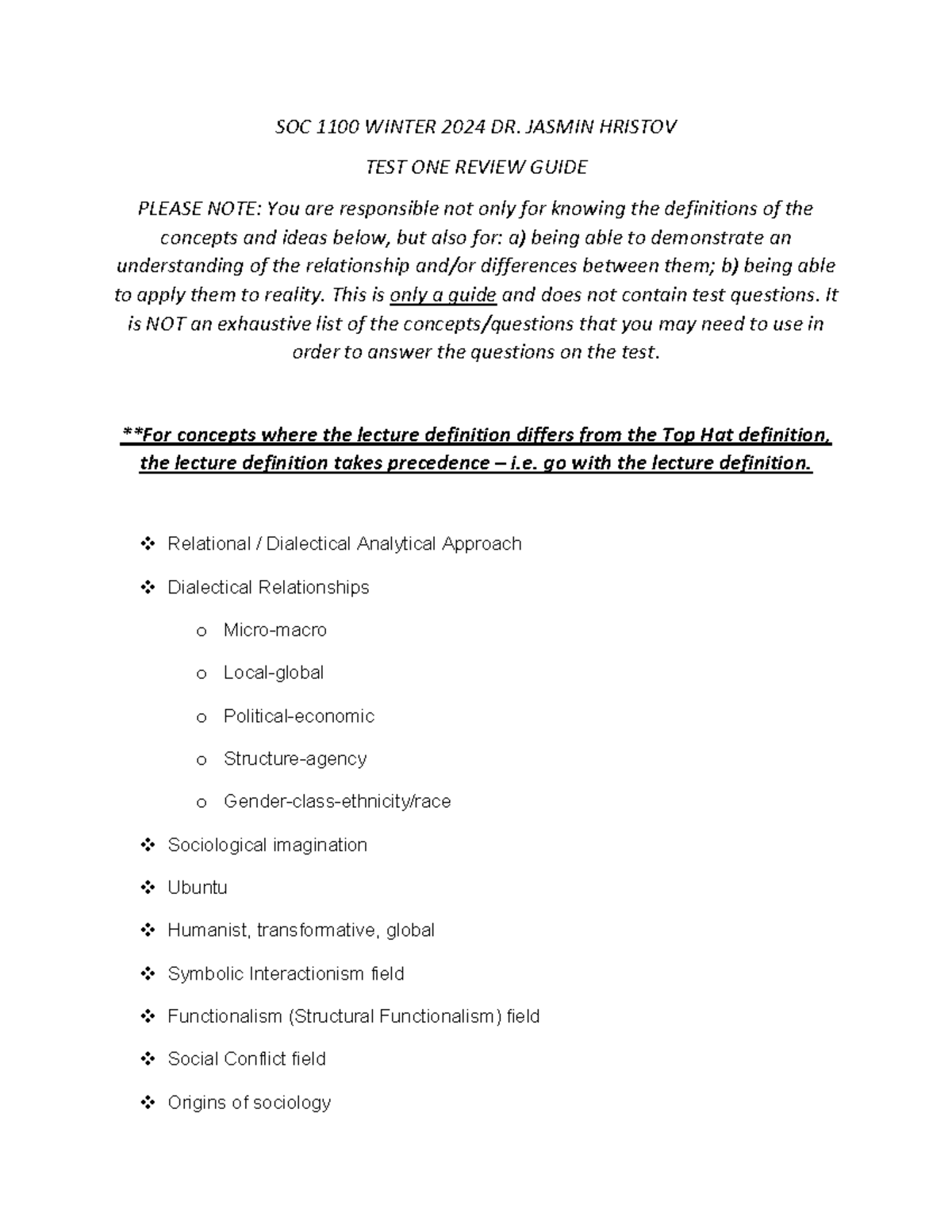 SOC 1100 TEST ONE Review Guide - Winter 2024 (Dr. Hristov) - Studocu
