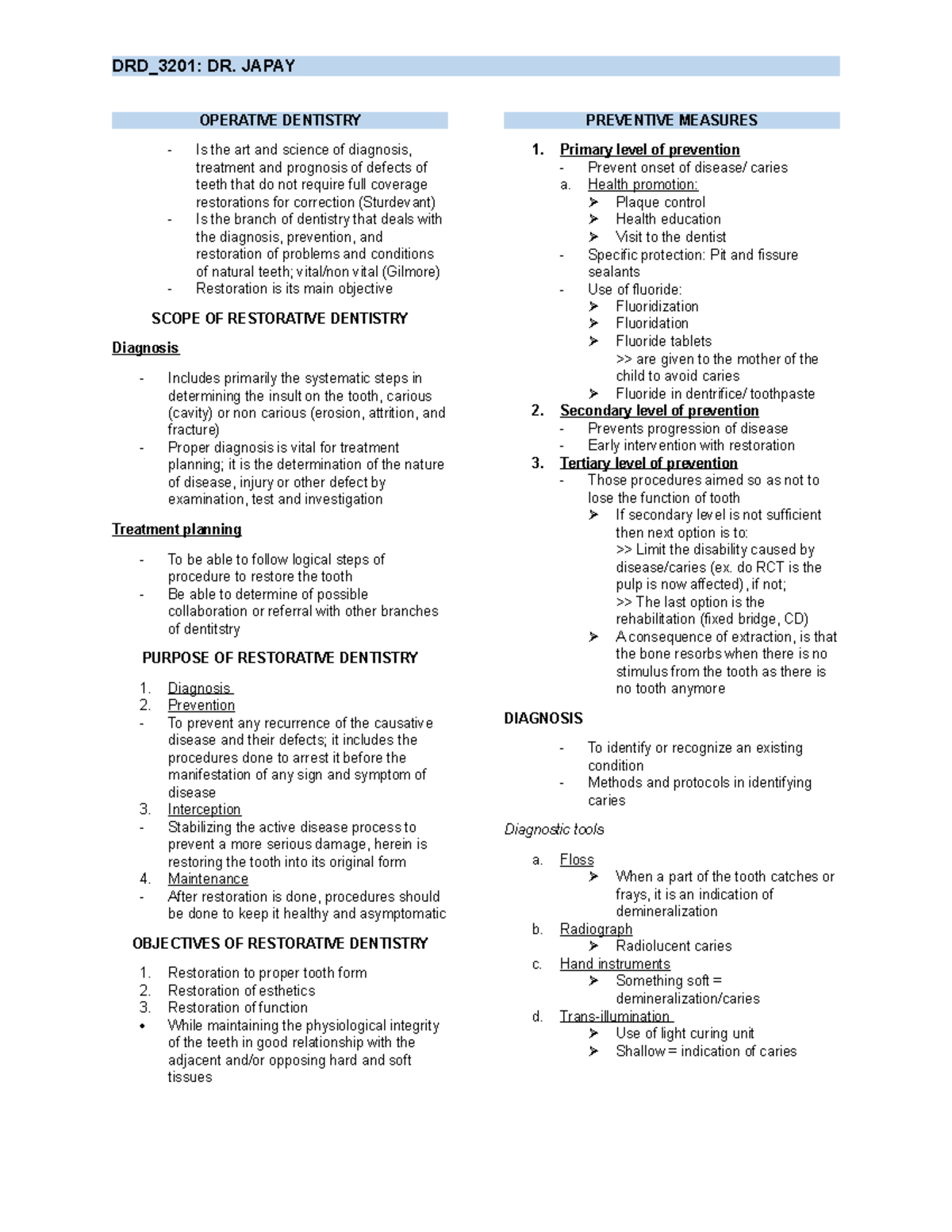 Operative Dentistry Prelims Study Notes (Course Code: OD-101) - Studocu