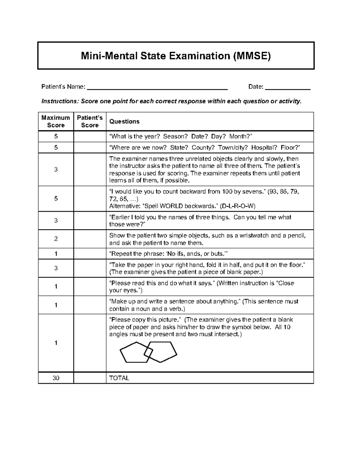 MMSE: Mini Mental State Examination Scoring Guide & Interpretation ...