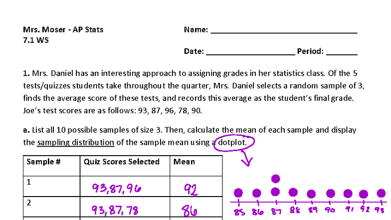 AP Stats 7.1 WS: Sampling Distribution & Unbiased Estimators - Studocu