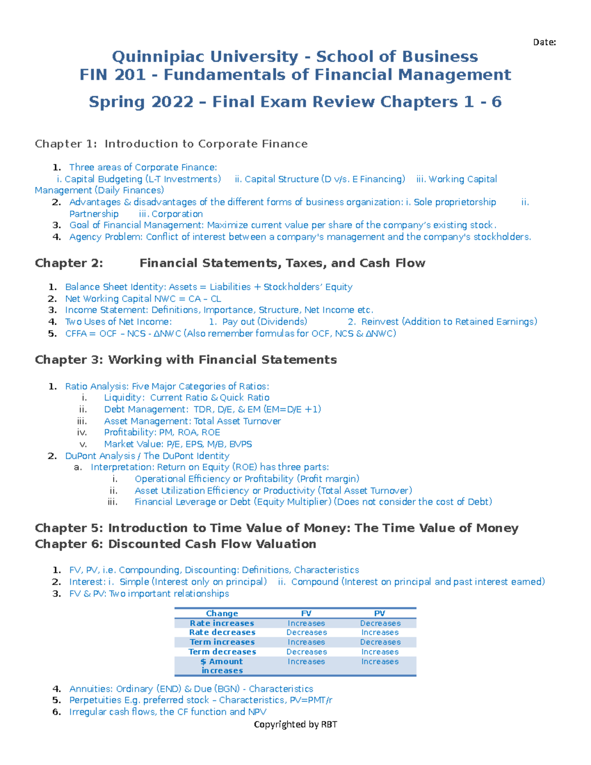 FIN 201 Final Exam Review: Key Concepts from Chapters 1-6 - Studocu