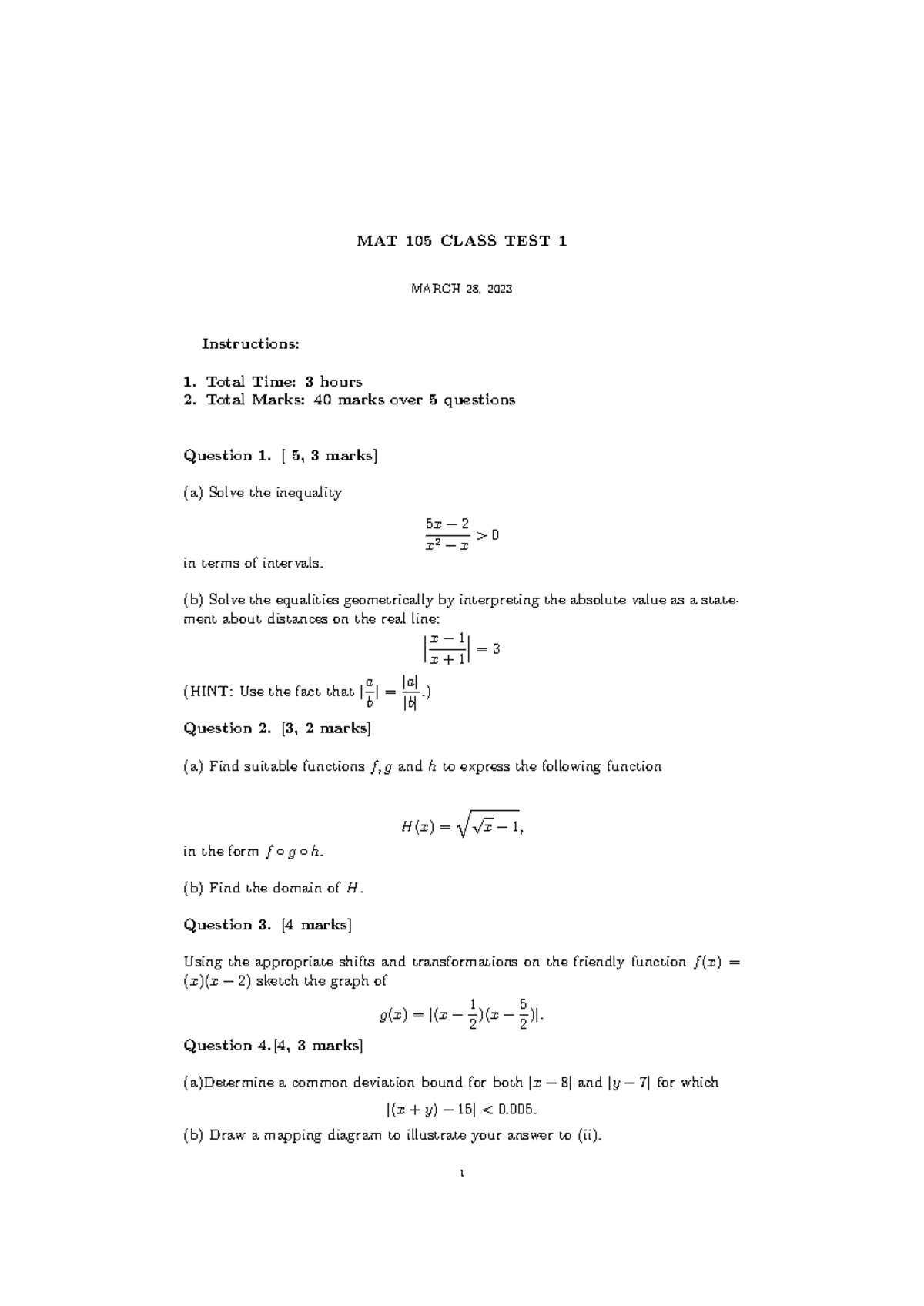 CT1 2023 - MAT 105 Class Test 1 with Solutions and Memo - Studocu