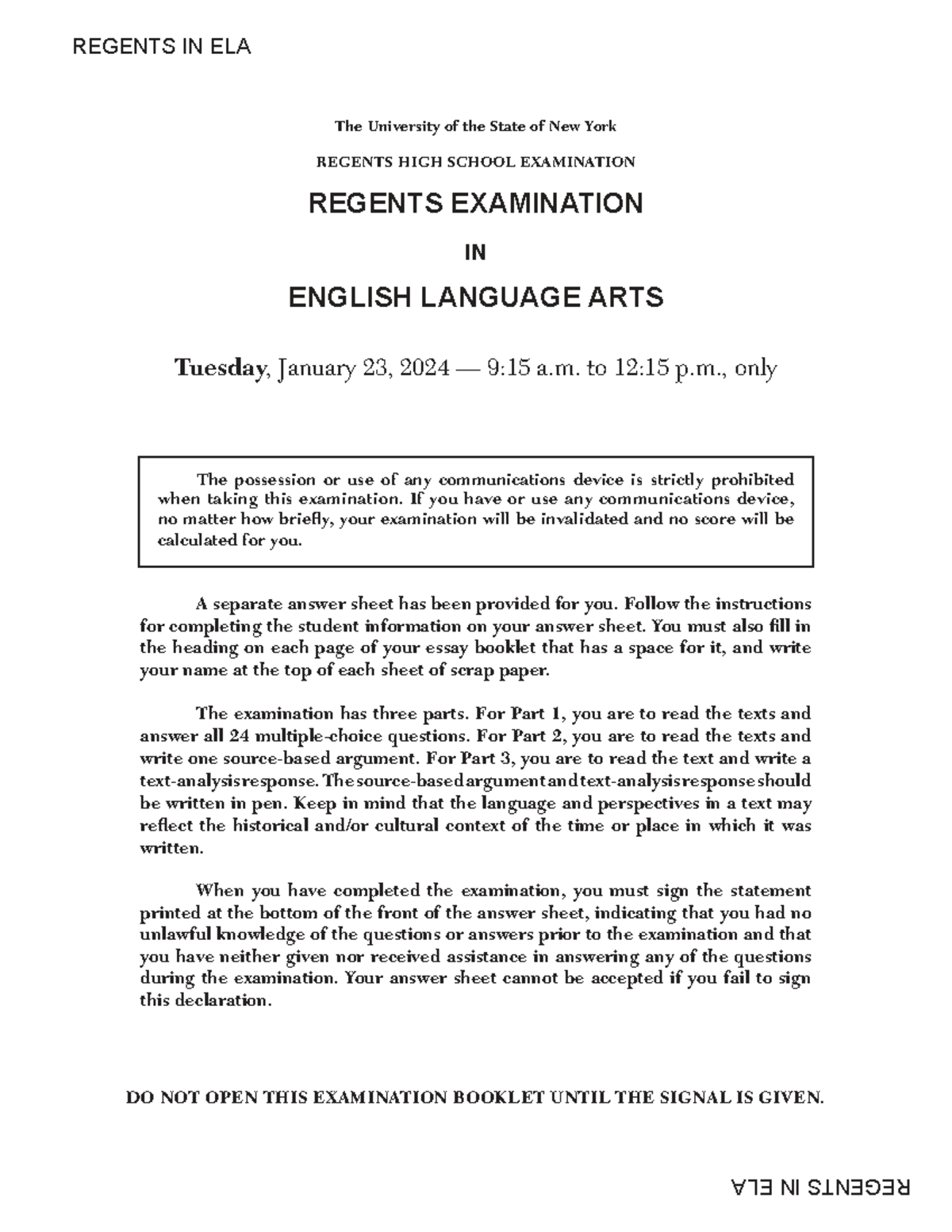 REGENTS EXAM IN ELA - January 2024: Comprehensive Study Guide - Studocu