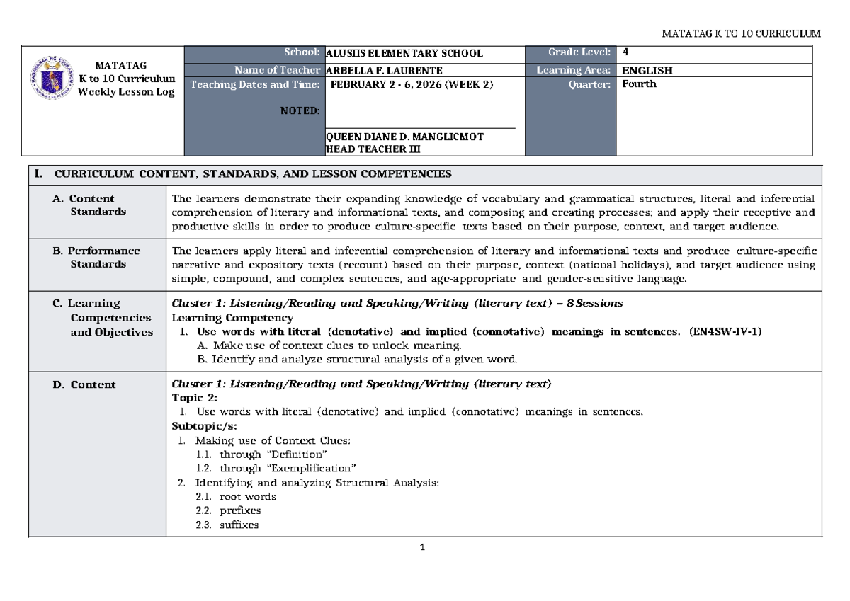 DTC DLL Matatag English 4 Q4 Week 2 Lesson Log - Studocu