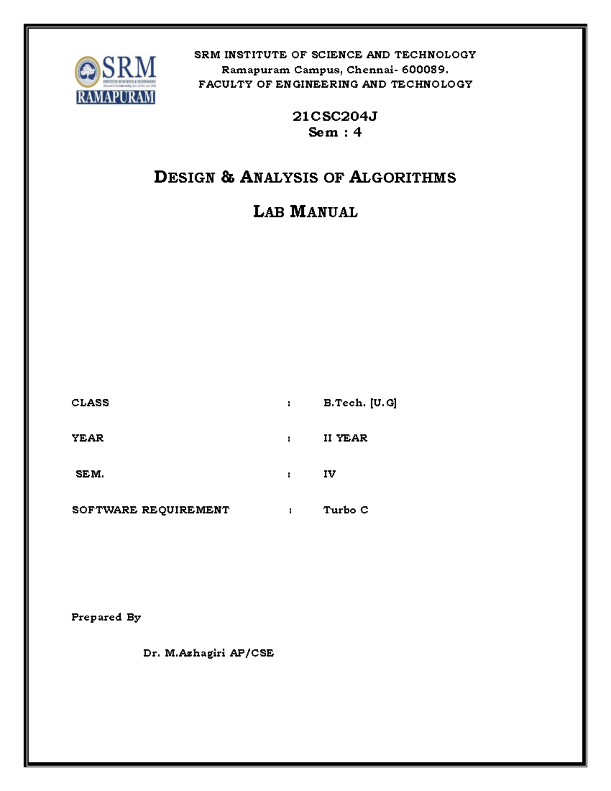 21CSC204J DAA Lab Manual: C Programs for Sorting & Searching Algorithms ...