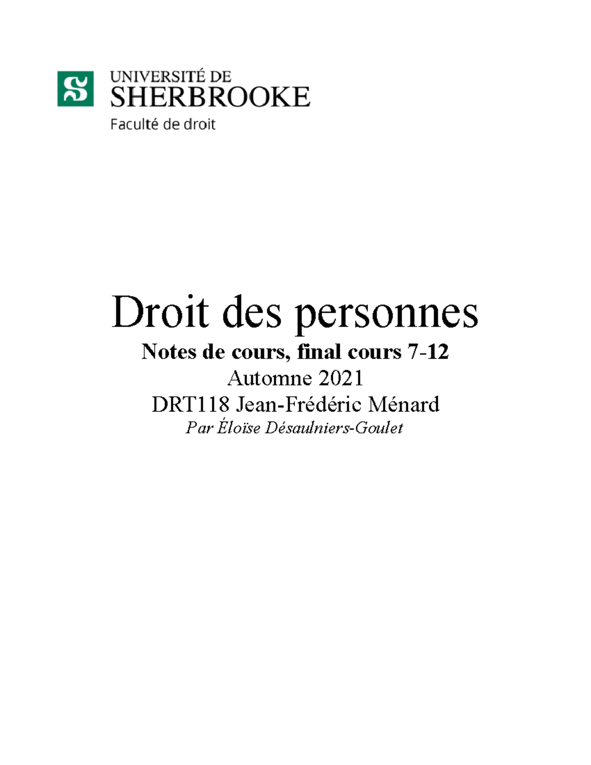 Examen Final DRT118 : Droit des Personnes - Notes de Cours Automne 2021 ...
