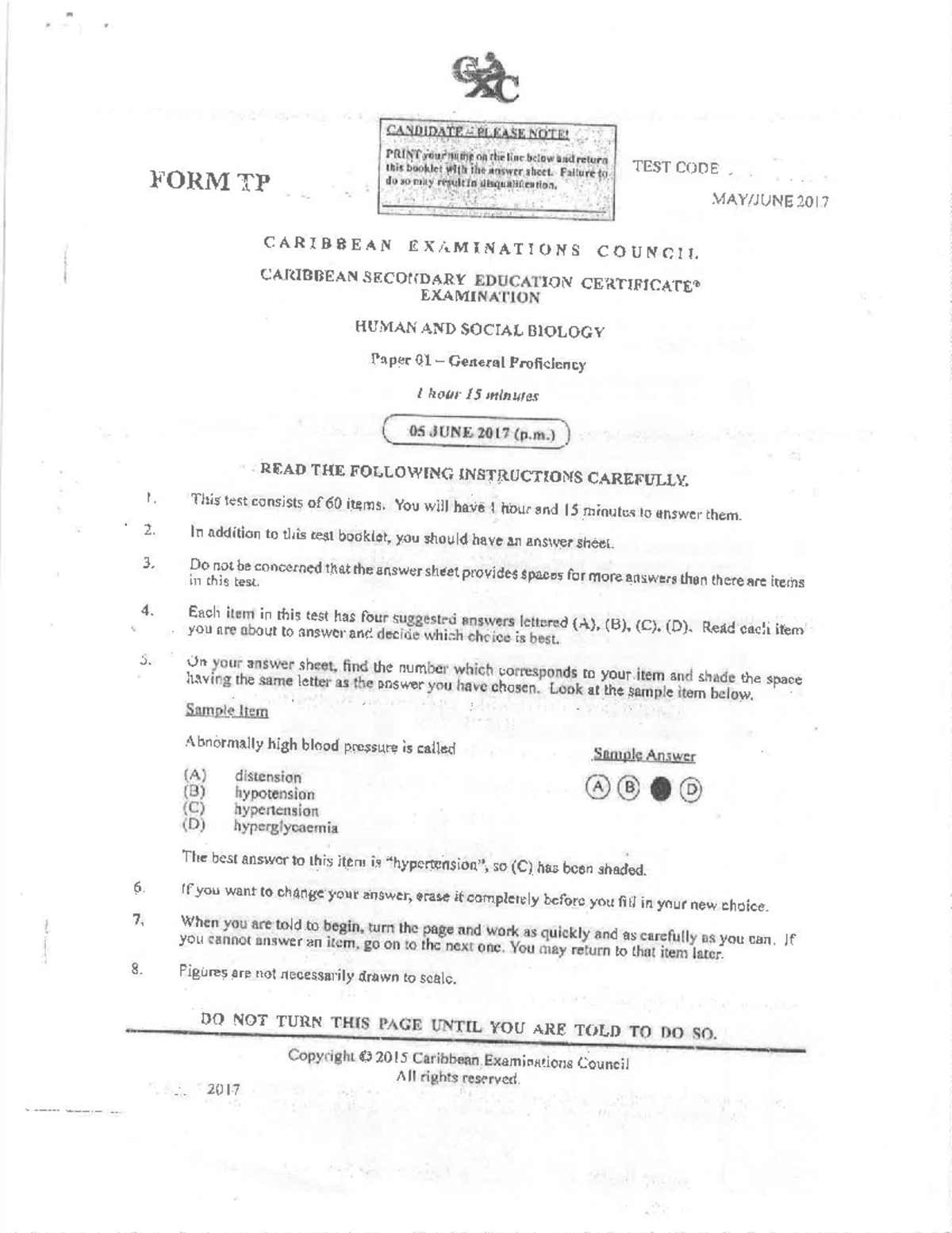 HSB 2017 CSEC Human & Social Biology Paper 01 Exam Guide - Studocu