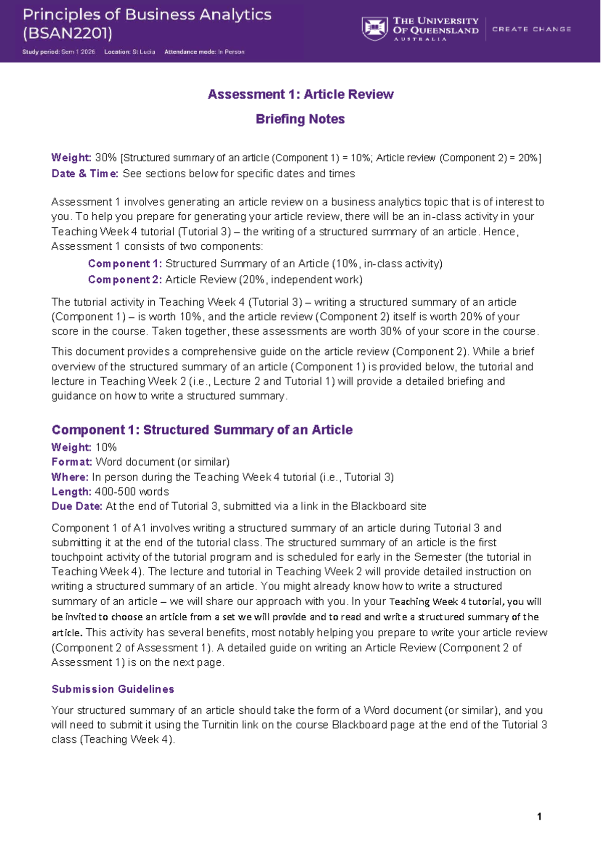 BSAN2201 A1: Article Review Briefing Notes for S1 2026 - Studocu