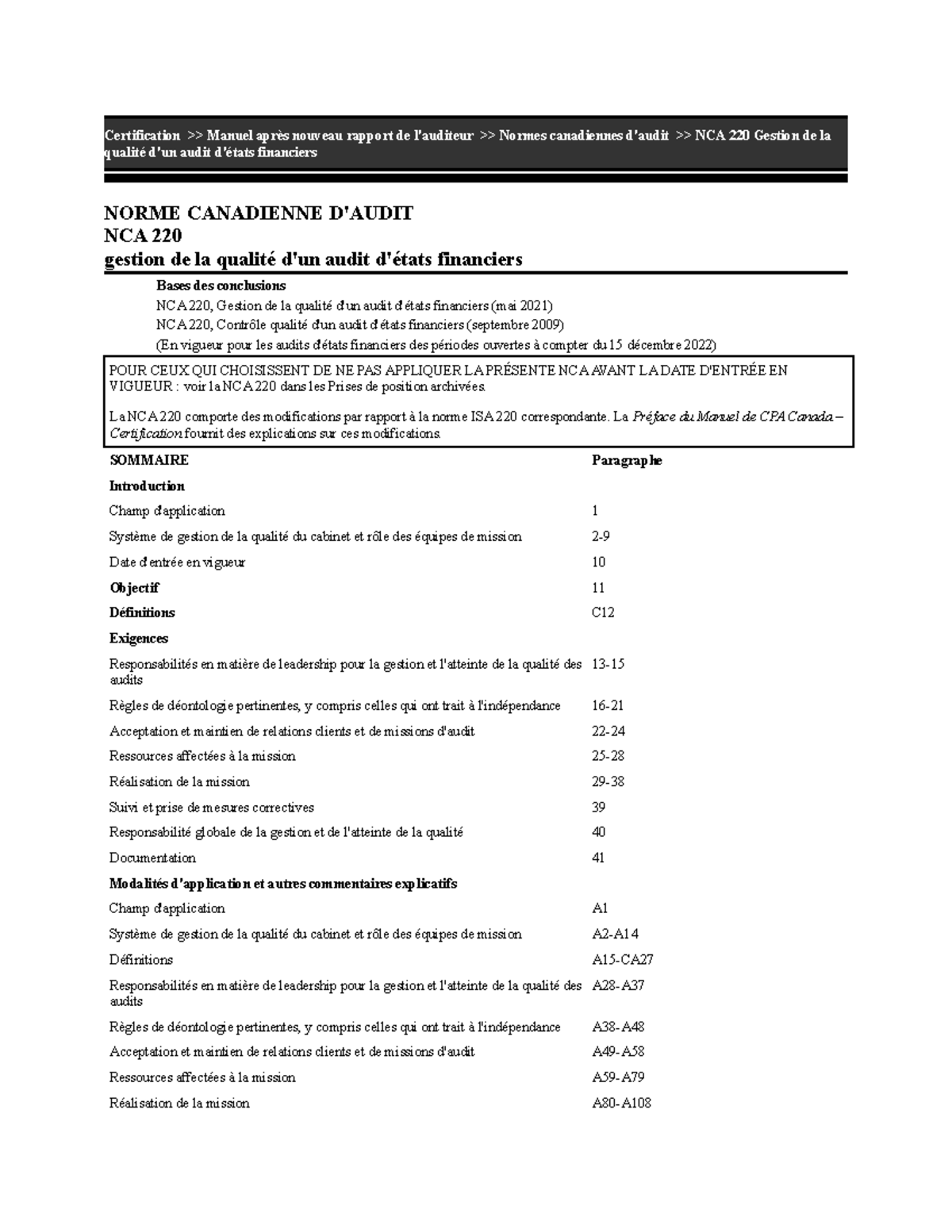 NCA 220 - Gestion de la qualité d’un audit d'états financiers - Studocu