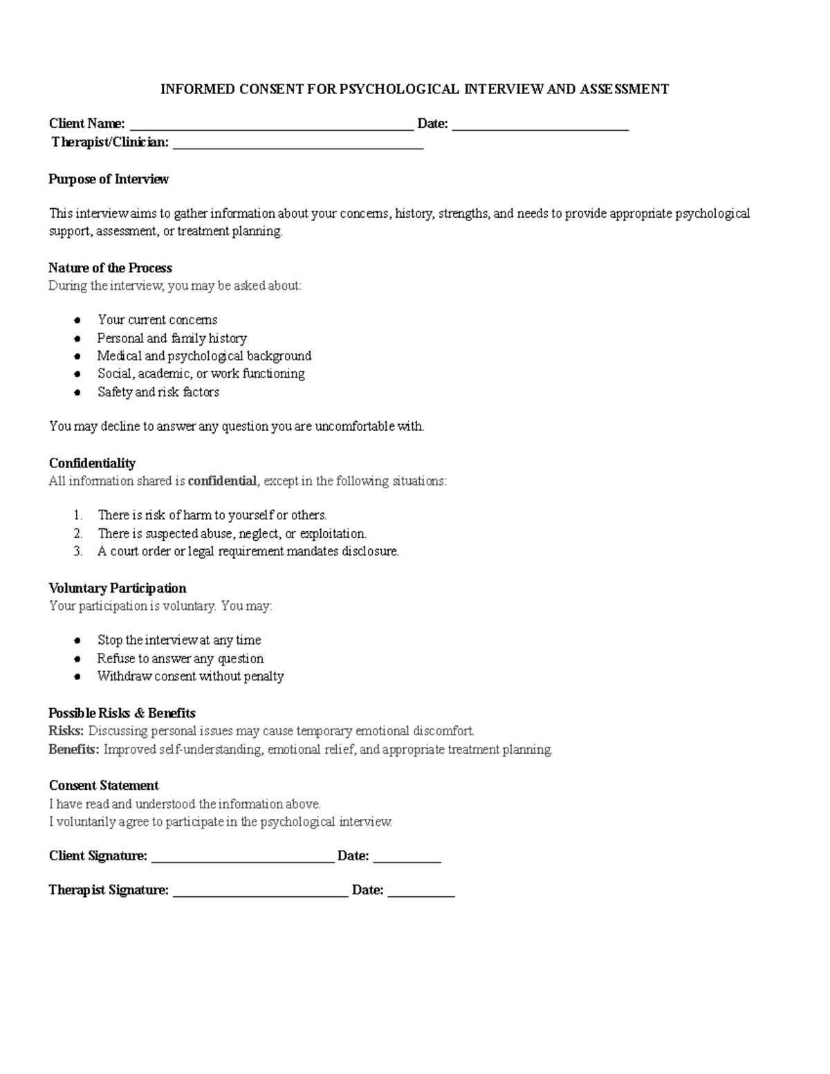 Informed Consent for Psychological Interview & Assessment (PSY 101 ...