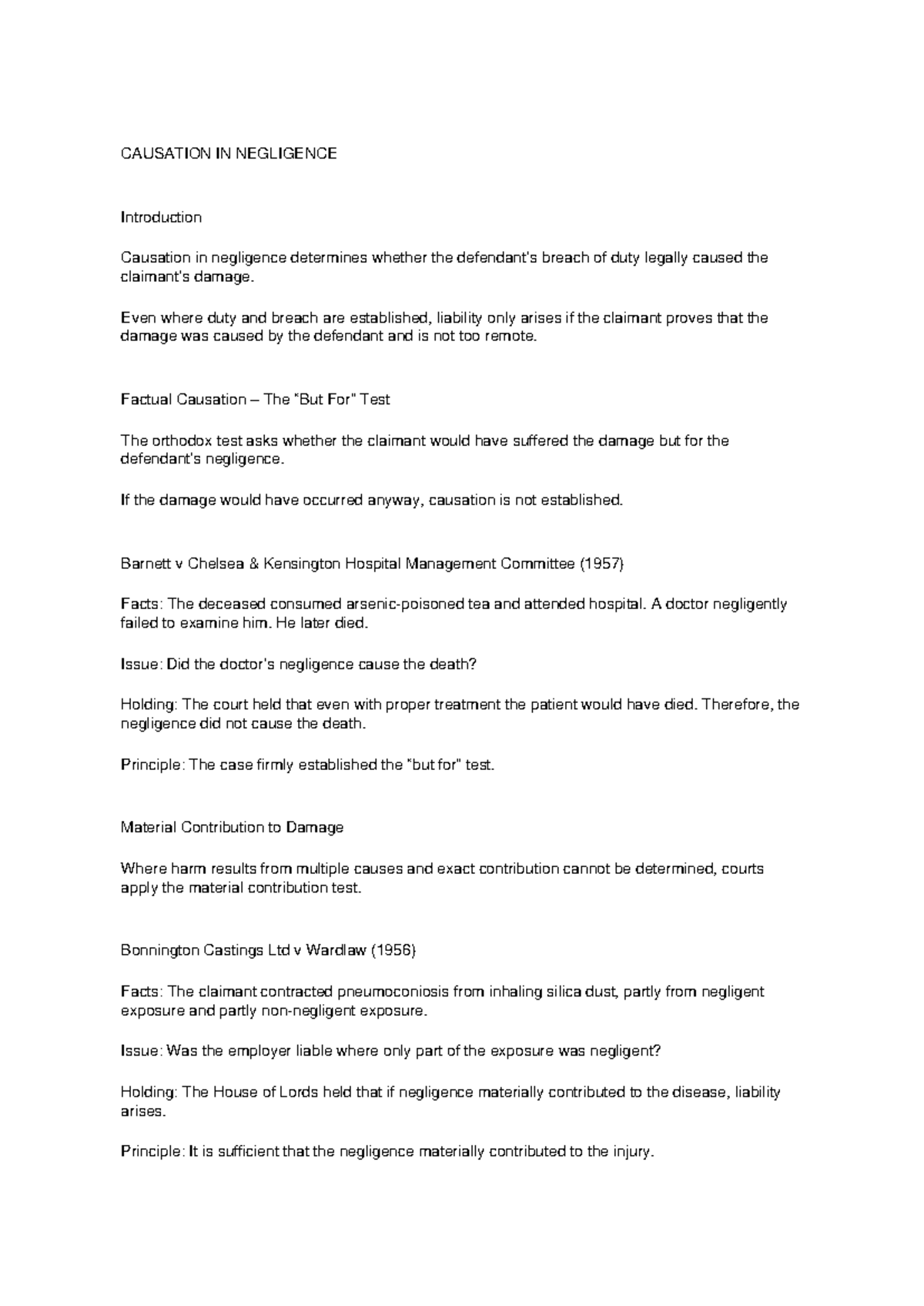 Causation in Negligence: Key Cases and Principles (LAW 101) - Studocu