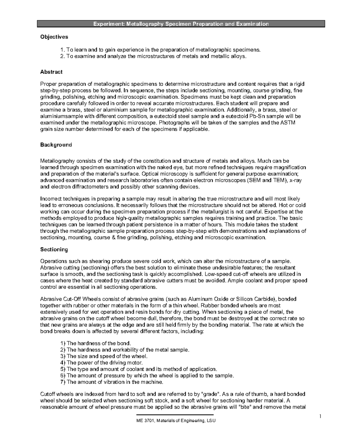 Metallography Specimen Prep & Exam Guide - Handout 9 - Studocu