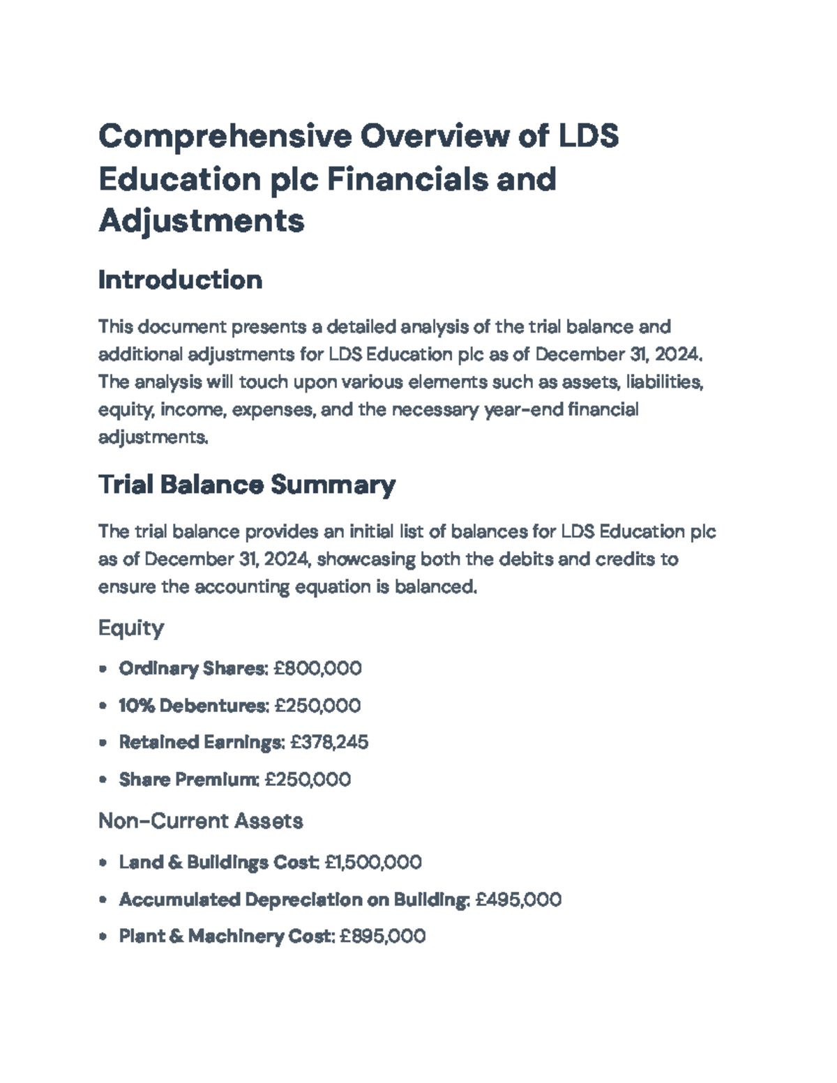 Detailed Financial Analysis and Adjustments for LDS Education plc (2024 ...
