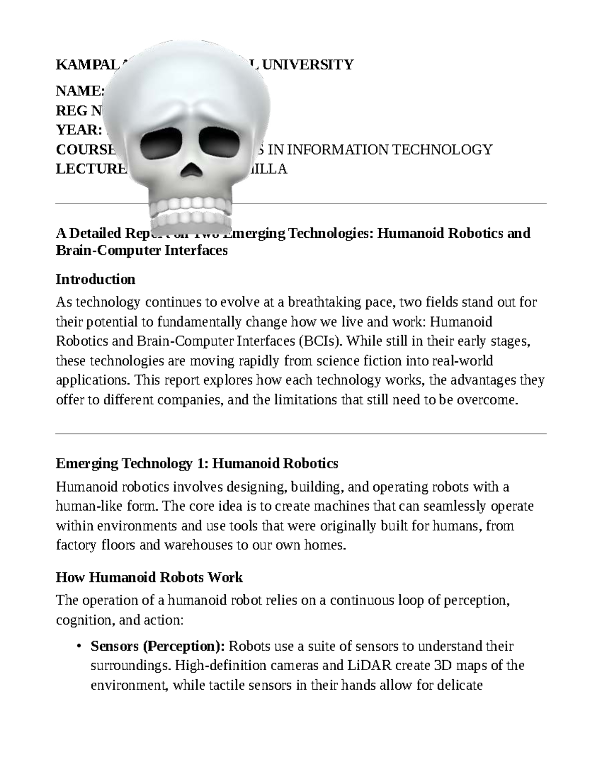 Emerging Trends in IT: Humanoid Robotics & BCIs Report (IT 202) - Studocu