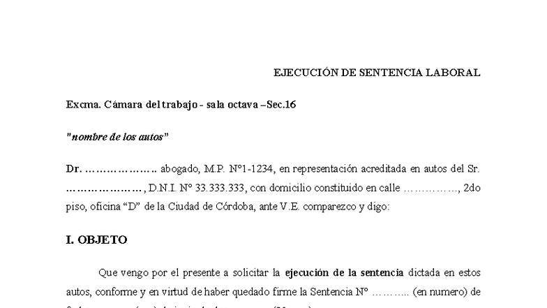Ejecución de Sentencia Laboral - Modelo de Solicitud - Studocu