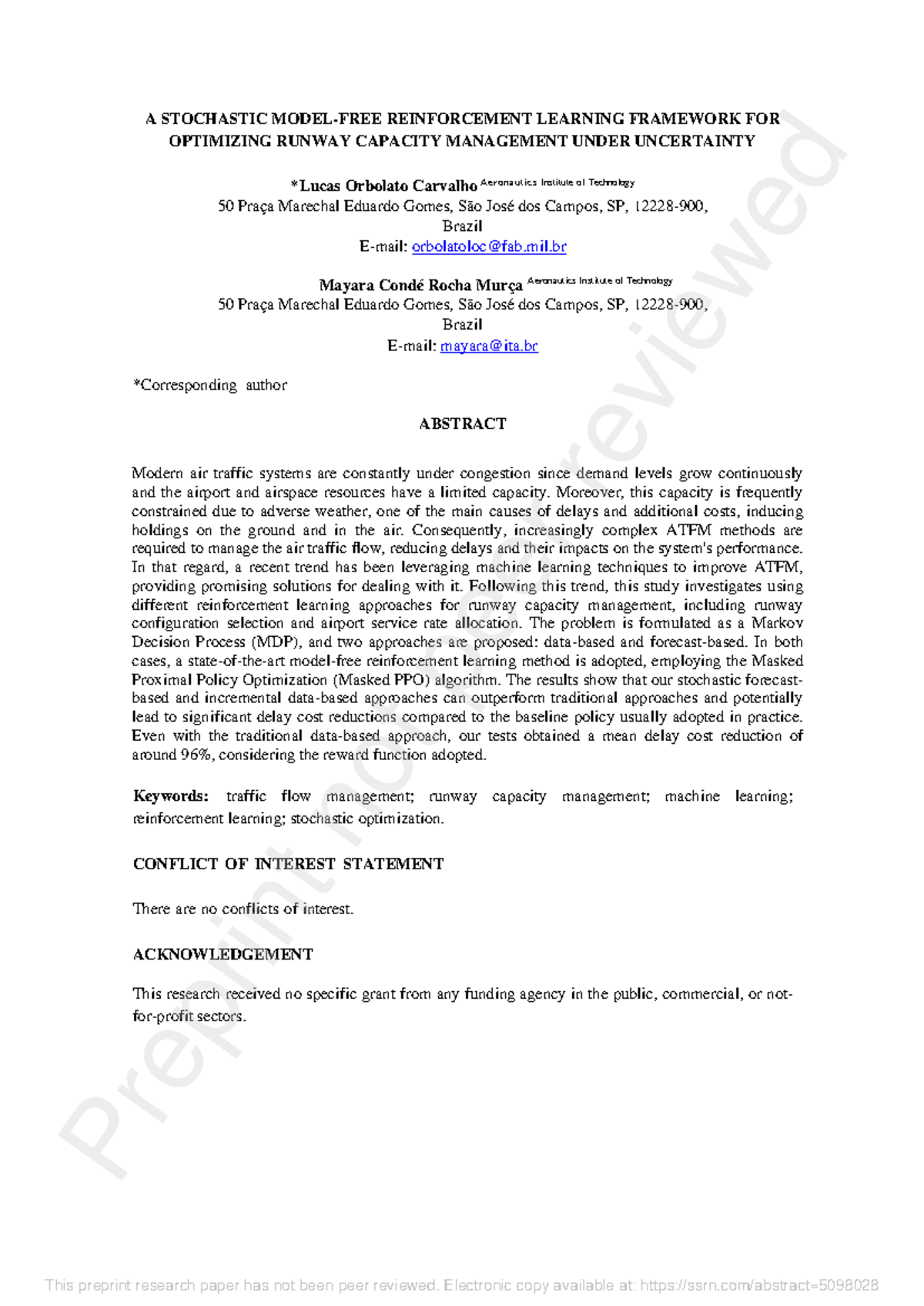 A STOCHASTIC REINFORCEMENT LEARNING FRAMEWORK FOR RUNWAY CAPACITY ...
