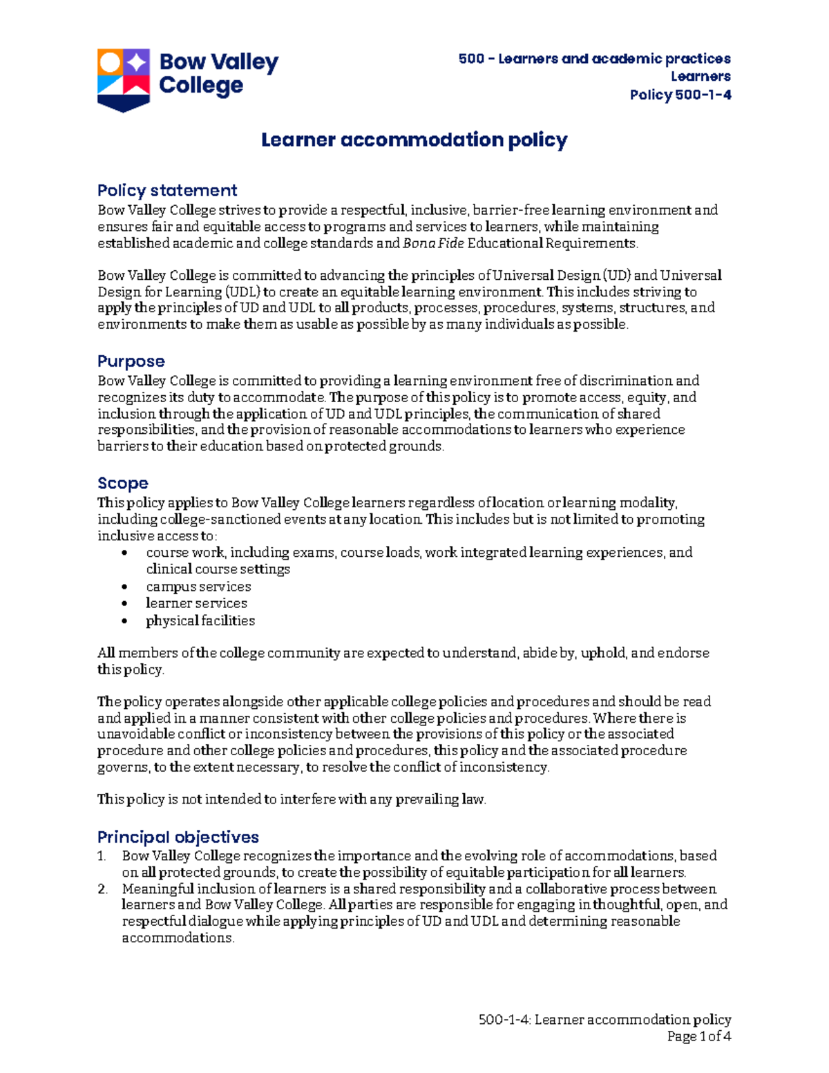 500-1-4 Learner Accommodation Policy at Bow Valley College - Studocu