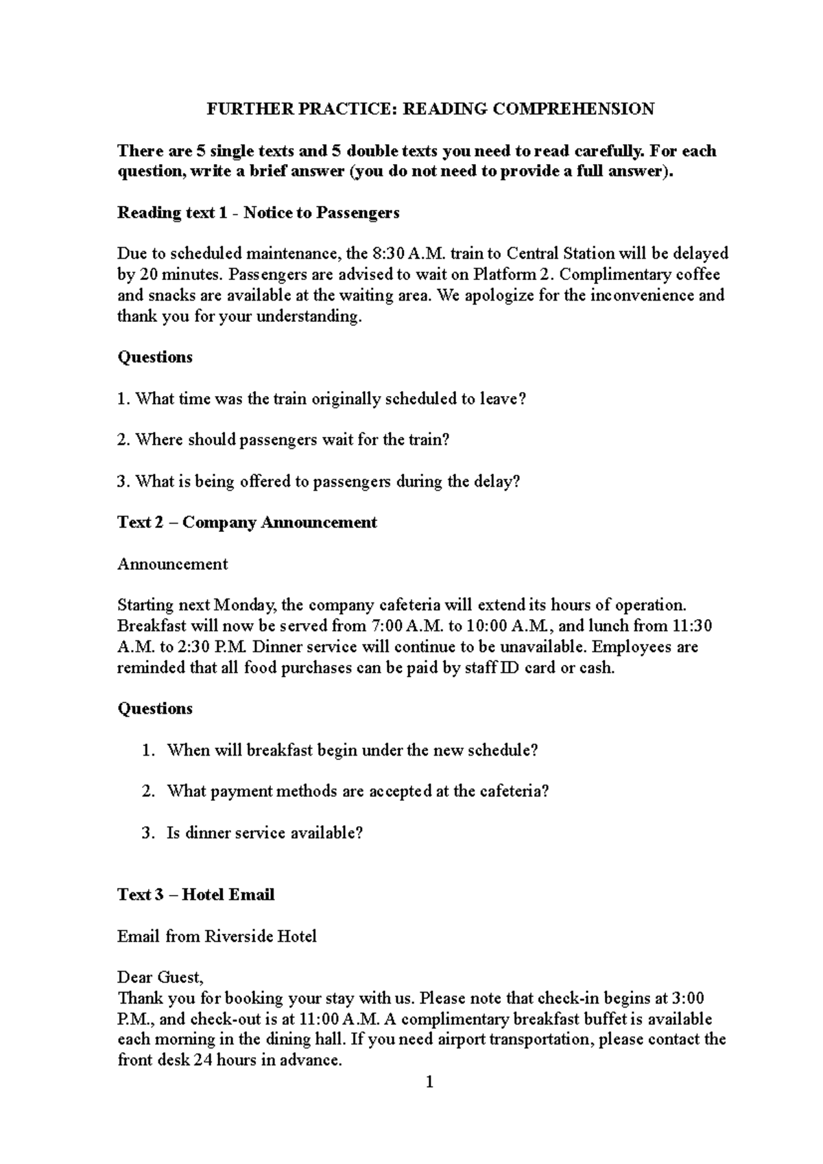 Further Practice: Reading Comprehension Questions - Studocu