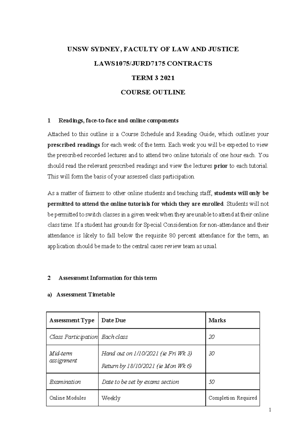 2021 t3 contracts course outline - UNSW SYDNEY, FACULTY OF LAW AND ...