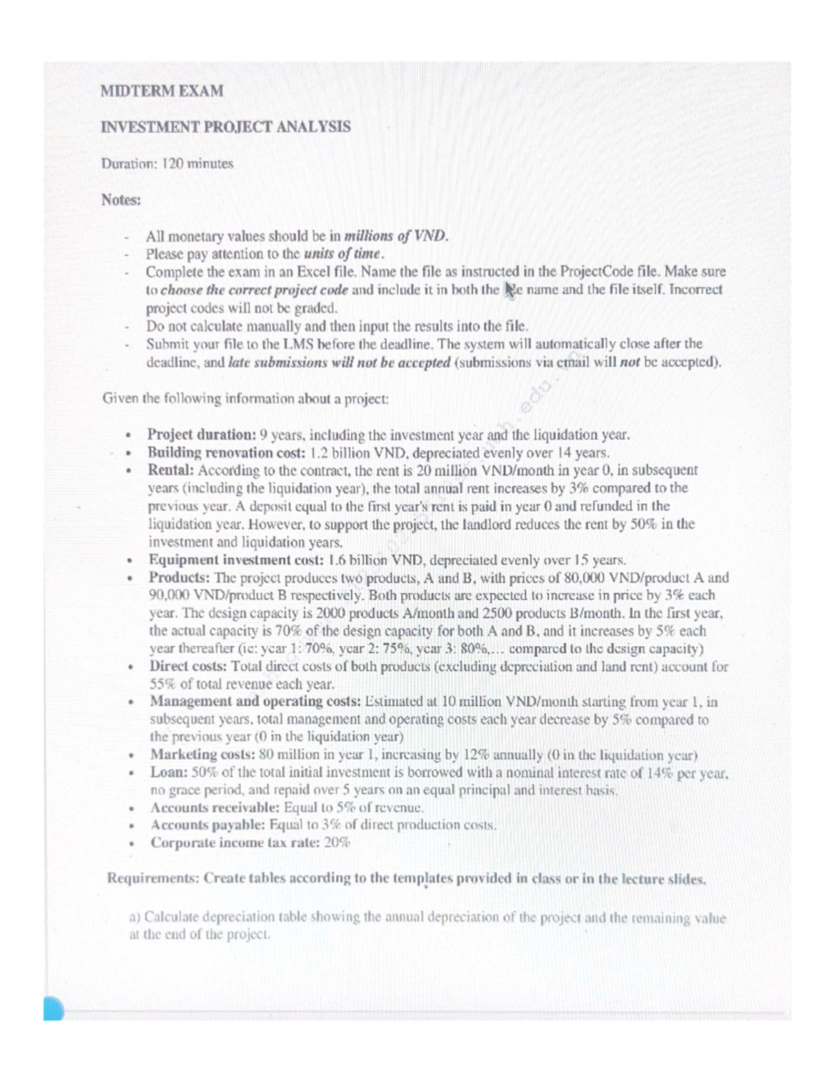 MIDTERM EXAM - Investment Project Analysis (Course Code: đccdvvv) - Studocu