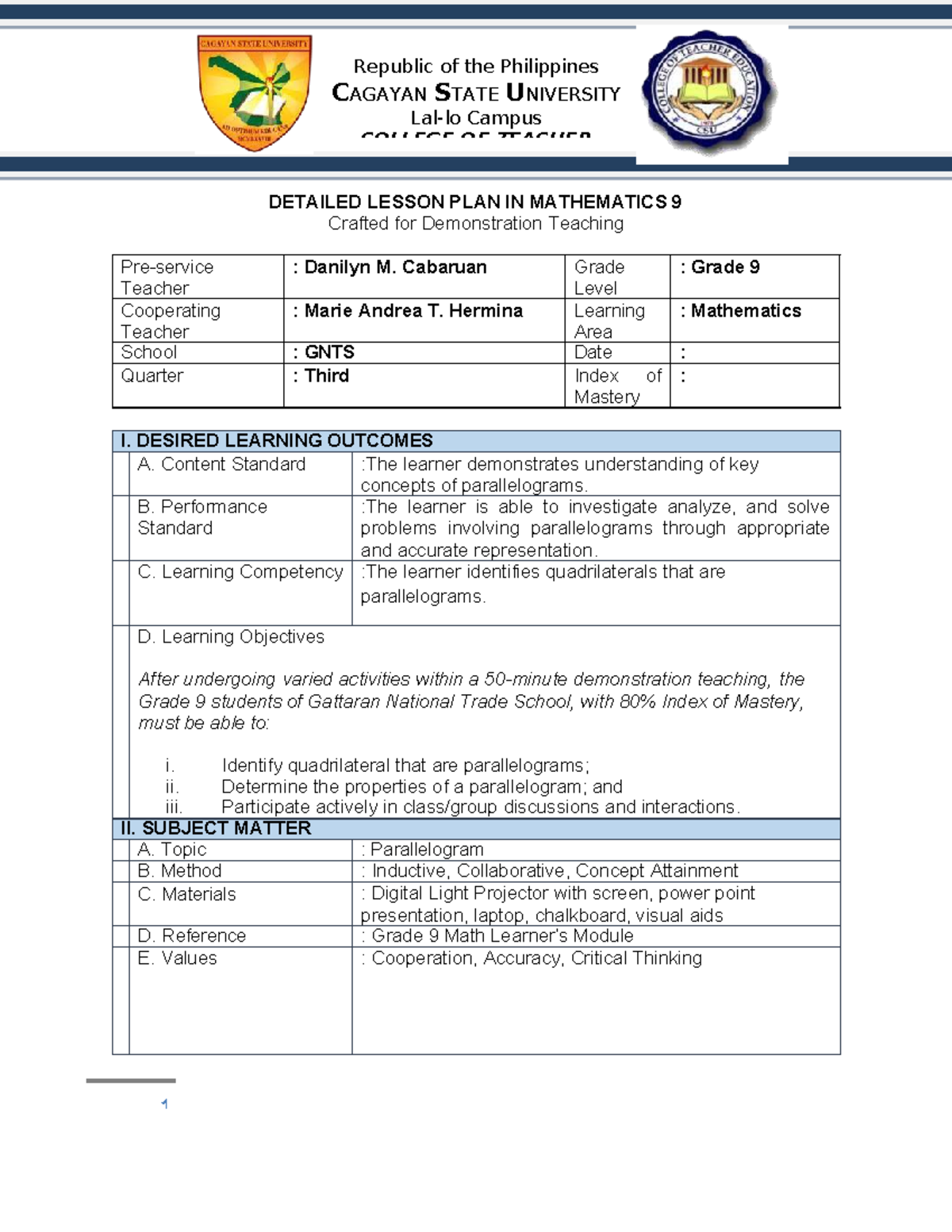 Detailed Lesson Plan on Parallelograms (Math 9) for Demonstration ...