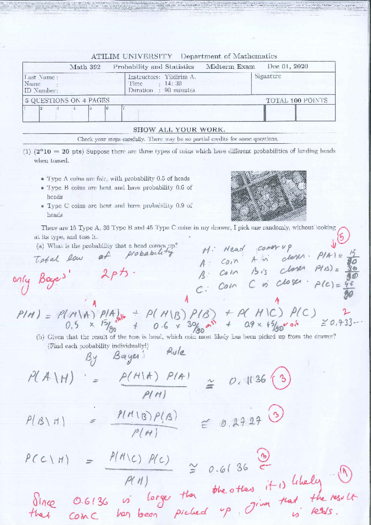 Math 392 Probability & Statistics Midterm Exam Solutions (Dec 2020 ...