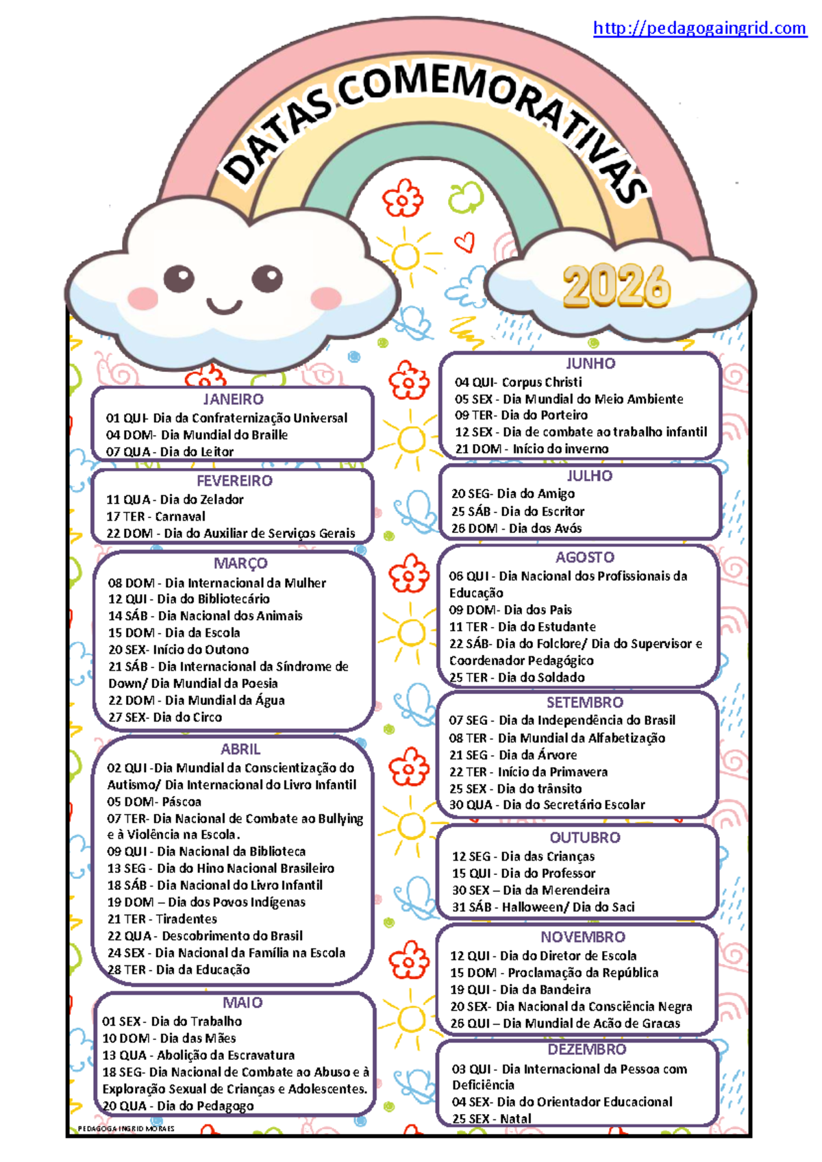 Calendário de Datas Comemorativas 2026 - Pedagoga Ingrid Moraes - Studocu