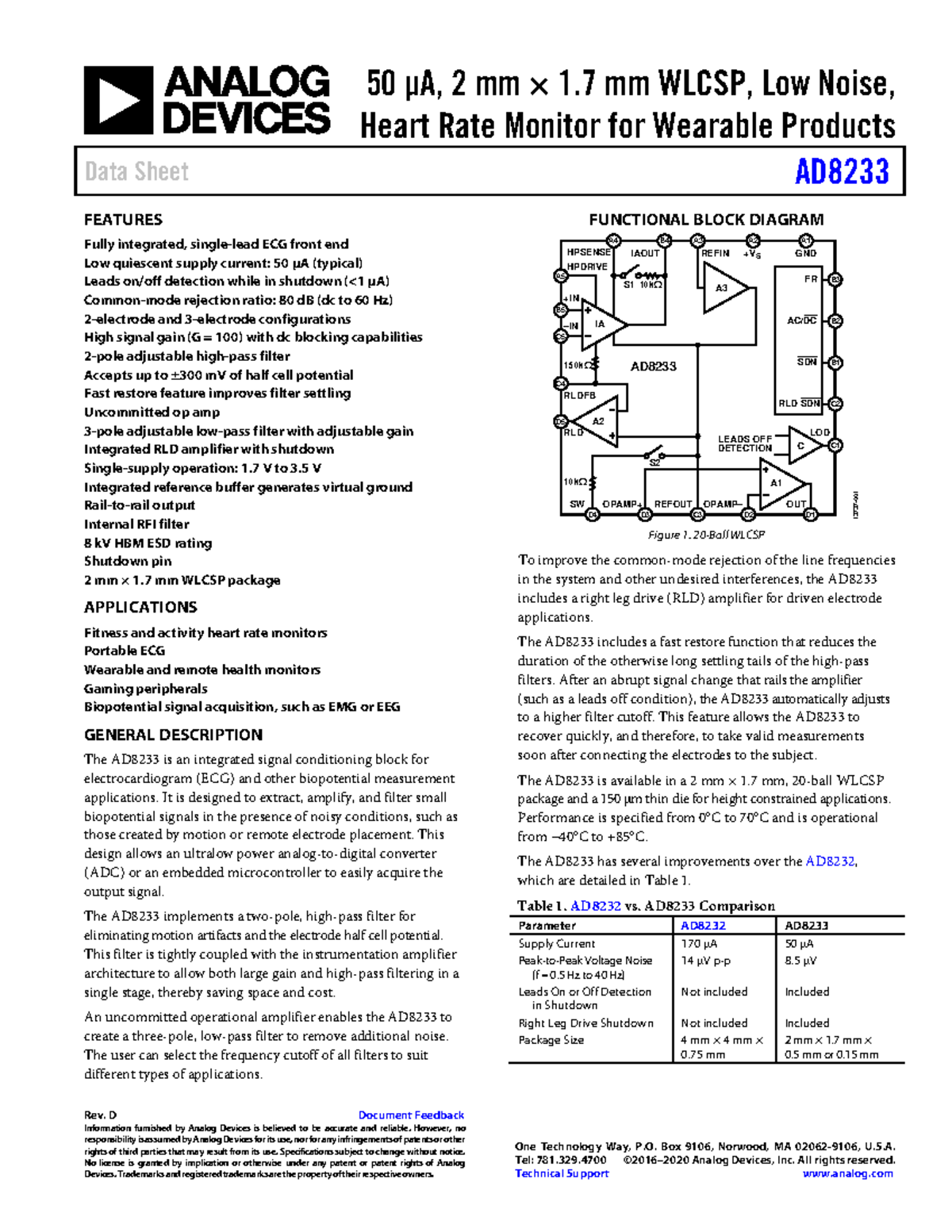 AD8233 - Datasheet for Integrated ECG Signal Conditioning - Studocu