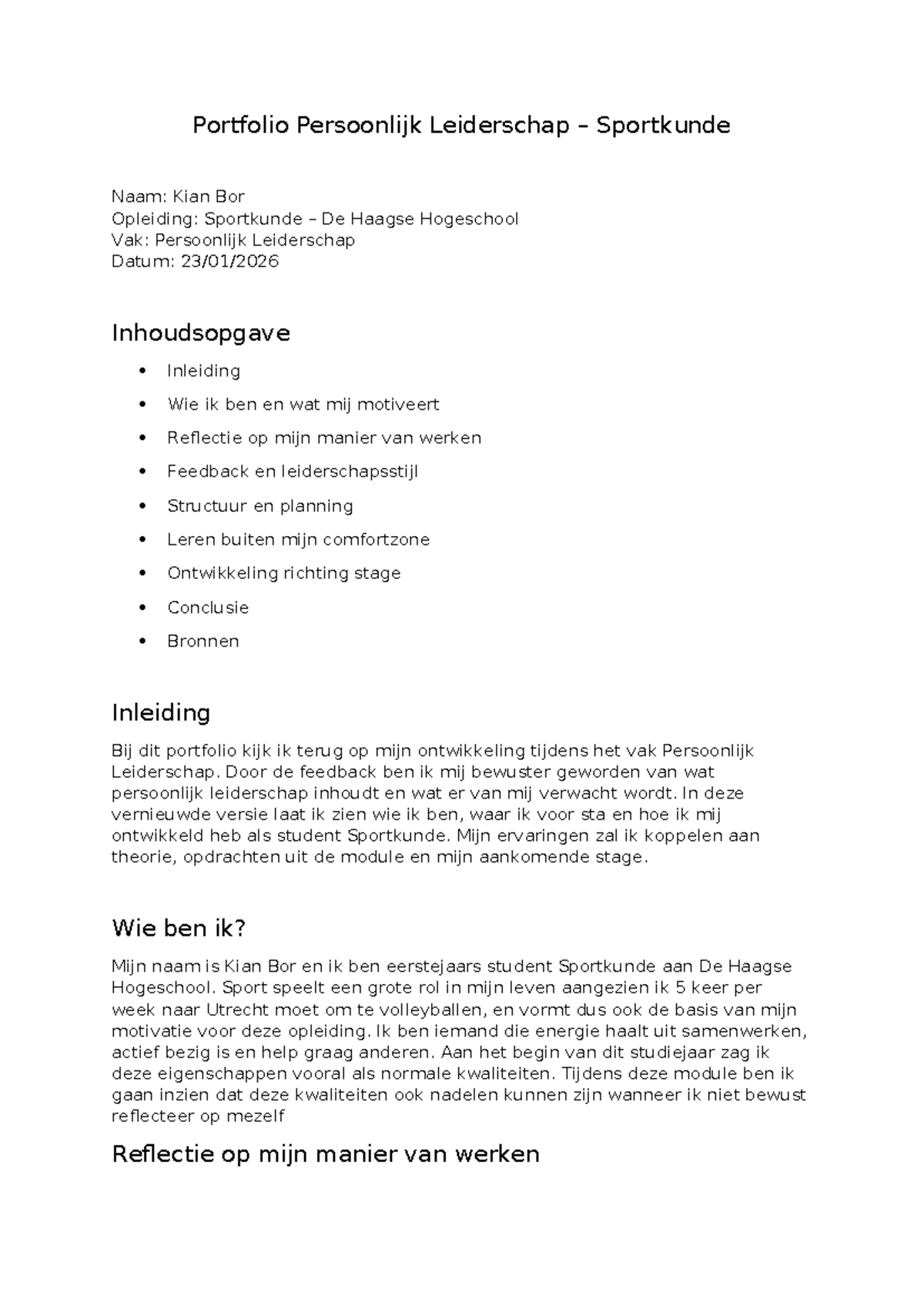 Herkansing Portfolio Persoonlijk Leiderschap Sportkunde - Studeersnel