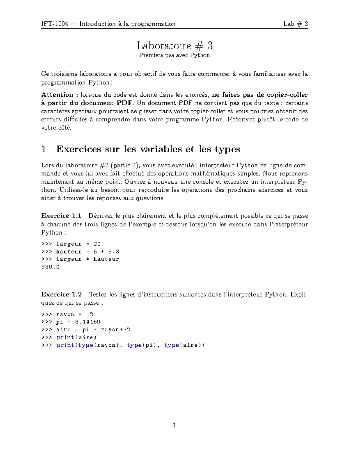 LABO 3 - Travaux pratique python - Laboratoire # 3 Premiers pas avec ...