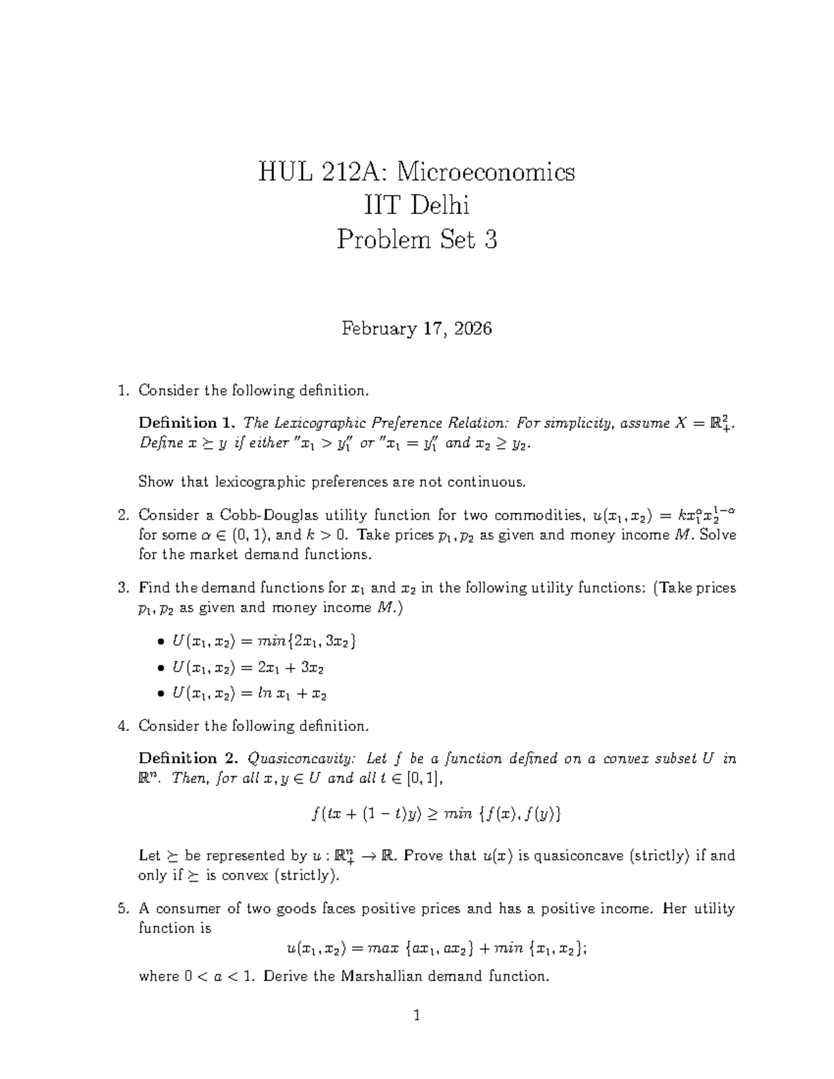 HUL 212A: Microeconomics IIT Delhi Problem Set 3 Solutions - Studocu