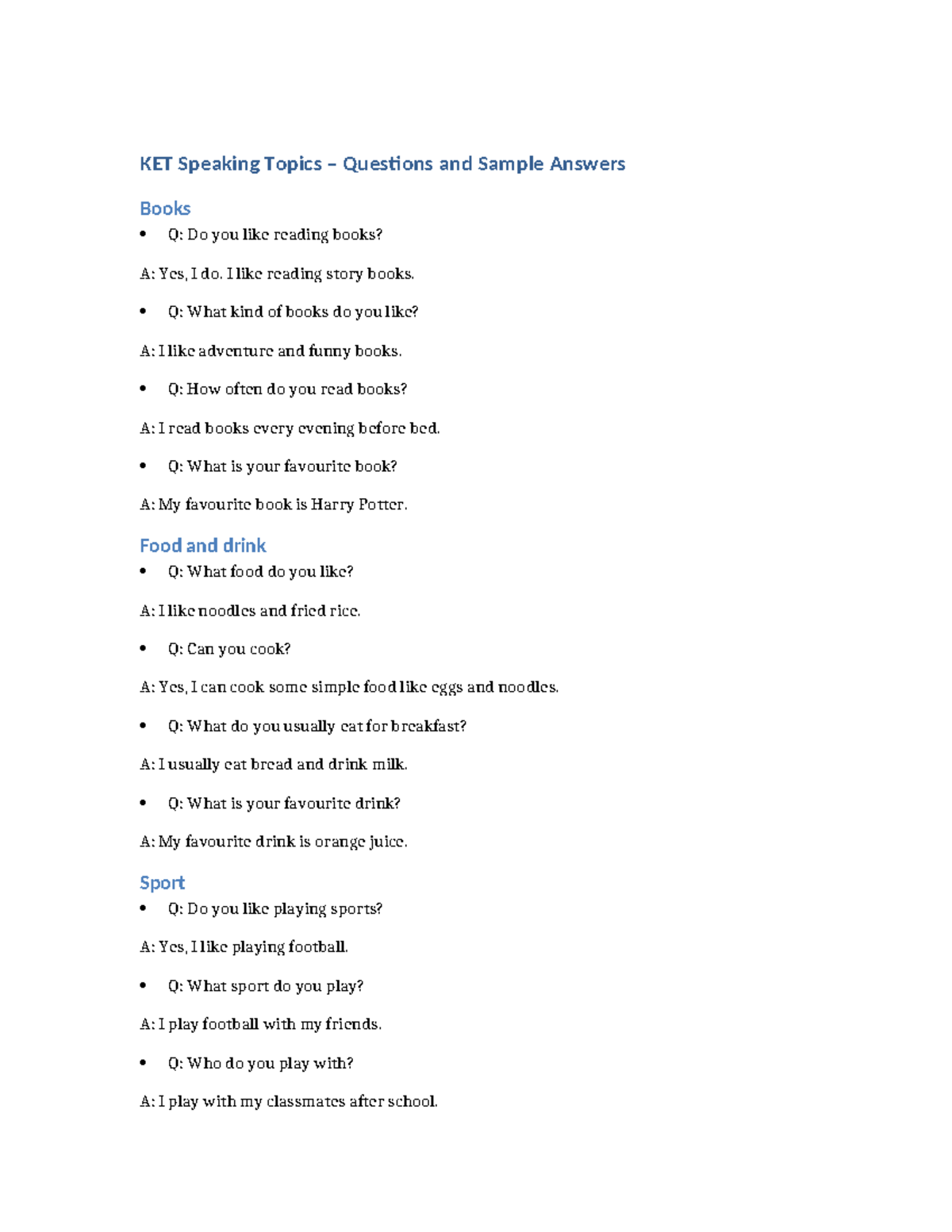 KET Speaking Topics: Questions & Sample Answers Guide - Studocu