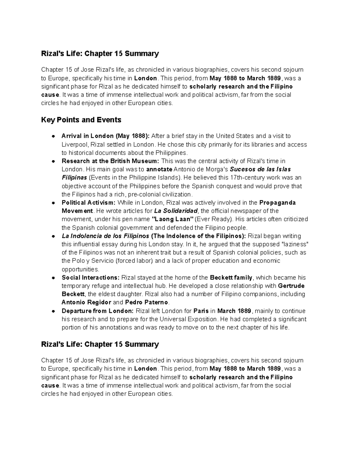 Rizal's Life: Chapter 15 Summary - London Sojourn (1889) - Studocu