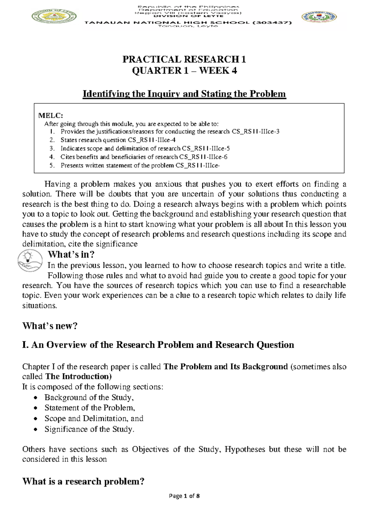 PR1 Practical Research: Problem, Background, Scope & Significance - Studocu