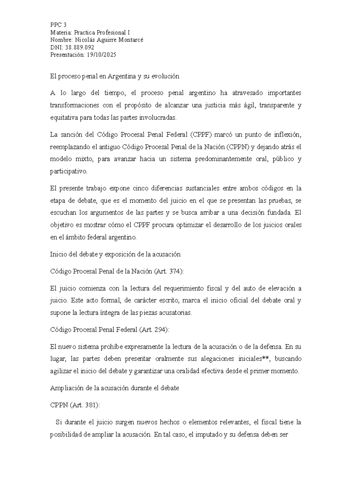 PPC 3 - Evolución del Proceso Penal en Argentina: CPPN vs CPPF - Studocu