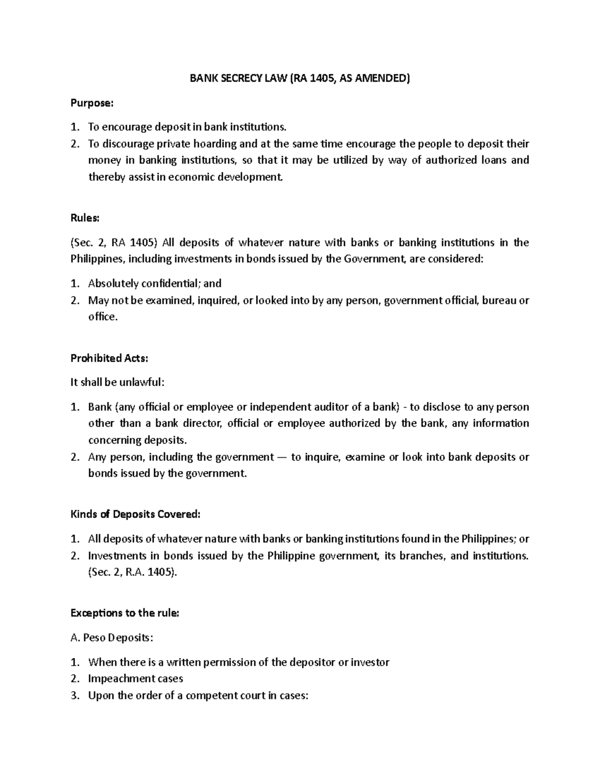 Bank Secrecy Law Overview: RA 1405 and Its Amendments - Studocu