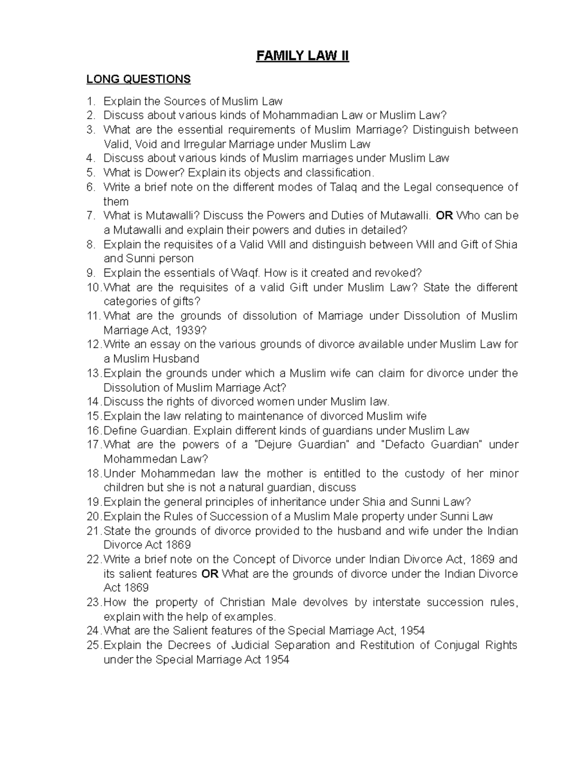 FAMILY LAW II: Long Questions on Muslim Law and Its Principles - Studocu