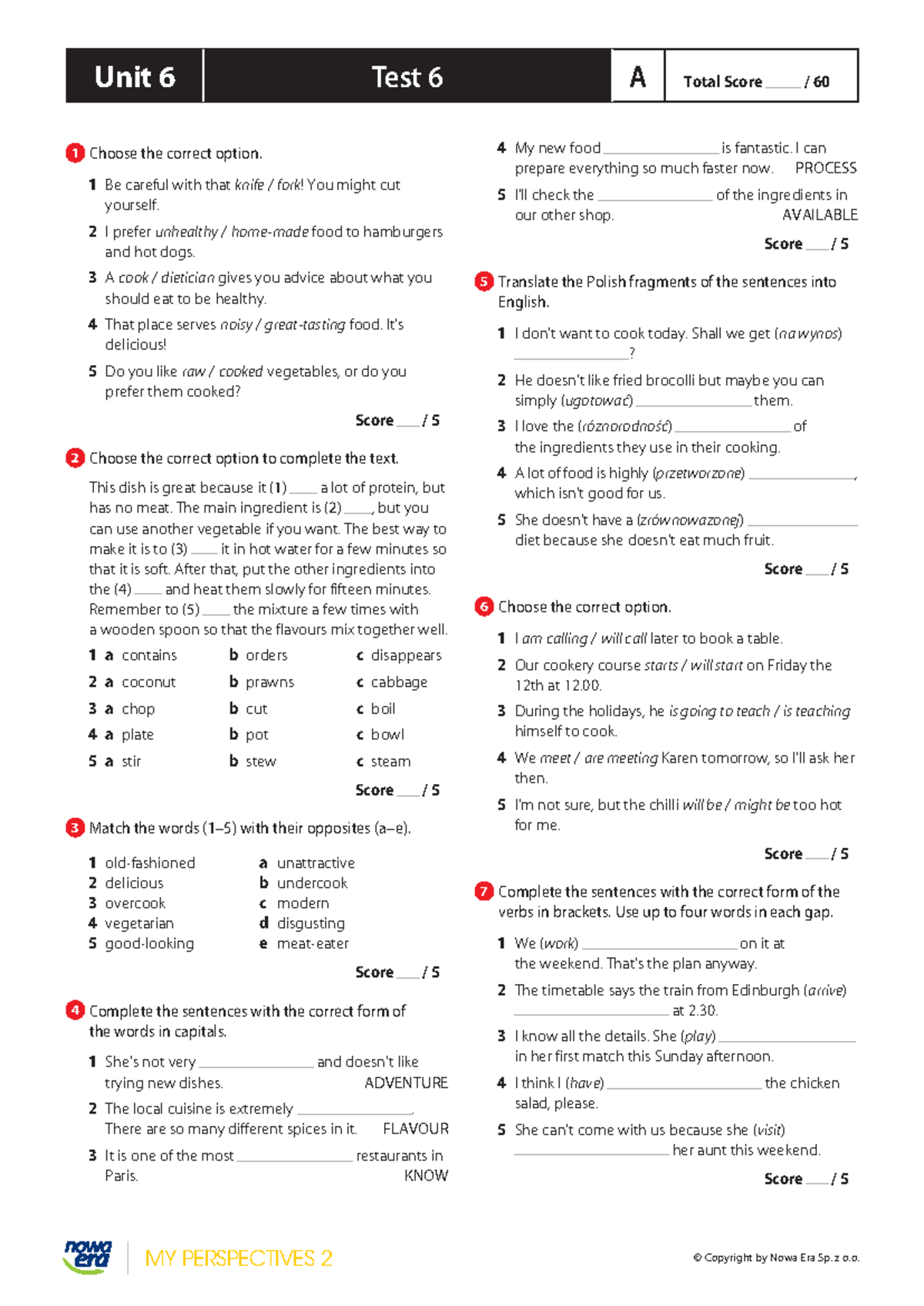 Unit 6, Test 6 - Group A: Food and Cooking Options Quiz - Studocu